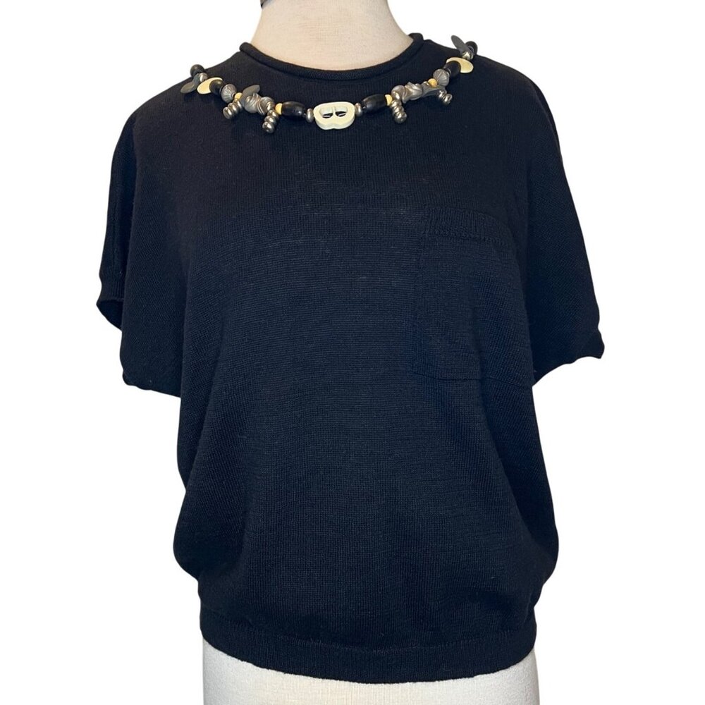 Chaus Women Large Sweater Black Short Sleeve Beaded Necklace Rami Cotton Y2K Got